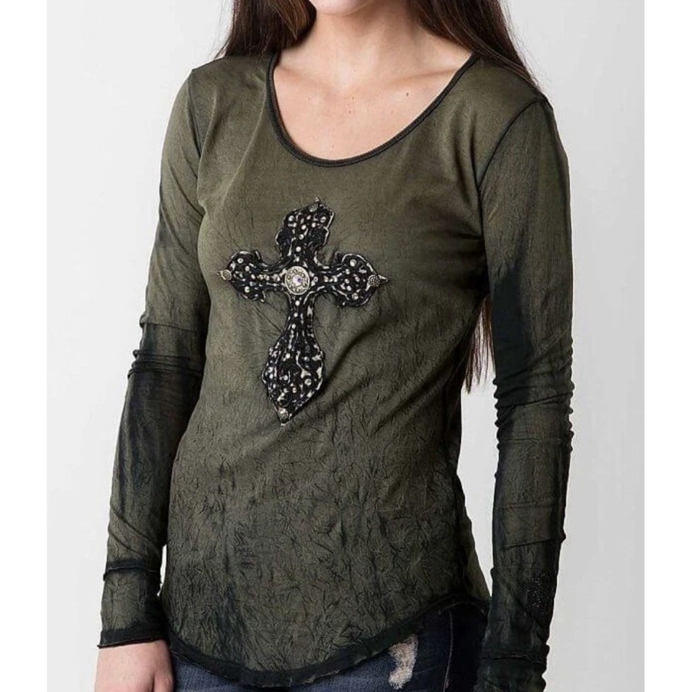 Velvet Stone Medium Scrolled Cheetah T-Shirt Phantom‎ Green Grunge Cross Crinkle